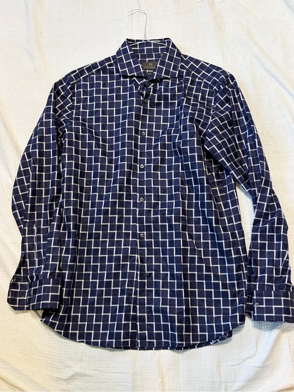 Boss Navy and White Geometric Grid Dress Shirt